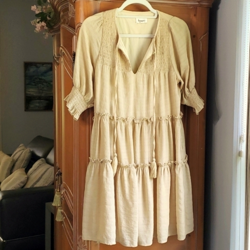 & Merci ruffled dress. Size medium. Tan V necklace with tie. Cottagecore,‎ boho